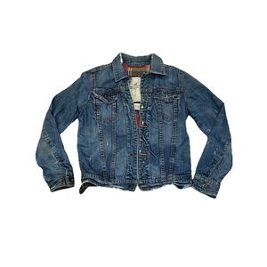 Hollister Plaid Lined Denim Trucker Jacket Size Medium Distressed Missing Button
